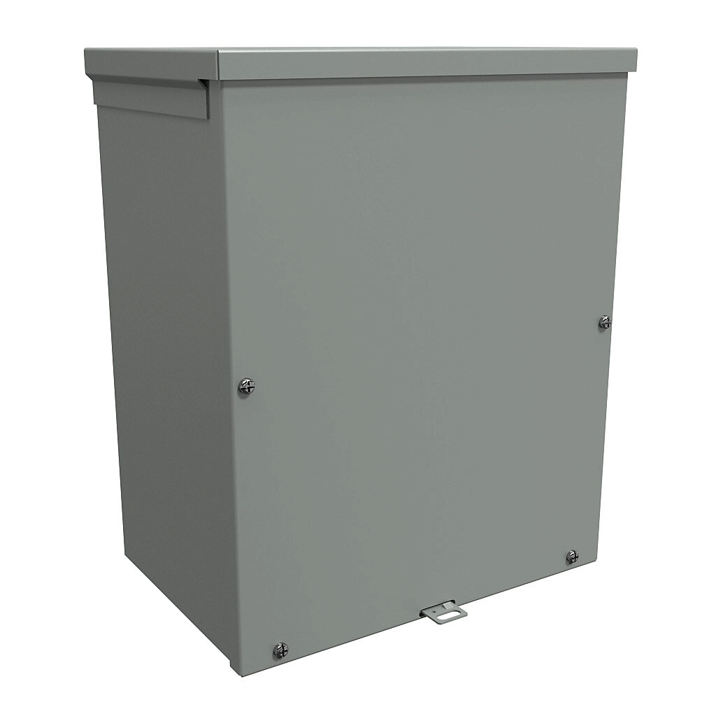 C3R15128SC - Hammond enclosure, NEMA 3R, 15 x 12 x 8in (HxWxD), wall mount, with knockouts, galvanized steel, ANSI 61 gray, powder coat finish, screw cover, padlock hasp and staple.
