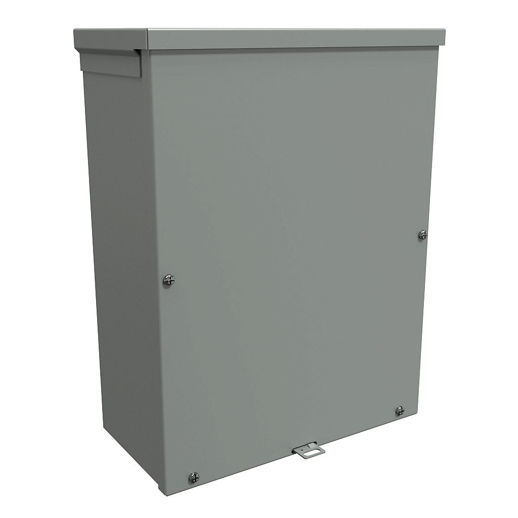 C3R16126SC - Hammond enclosure, NEMA 3R, 16 x 12 x 6in (HxWxD), wall mount, with knockouts, galvanized steel, ANSI 61 gray, powder coat finish, screw cover, padlock hasp and staple.