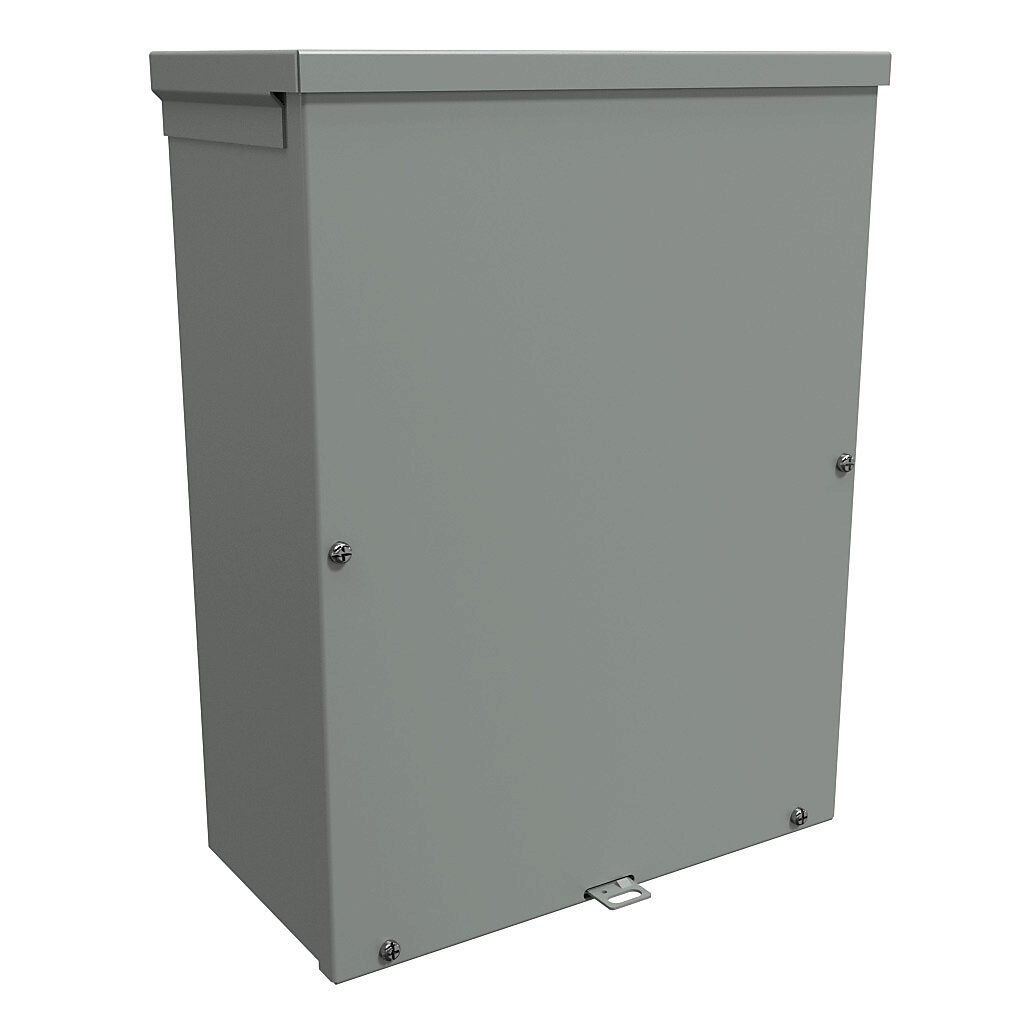 C3R16126SCNKO - Hammond enclosure, NEMA 3R, 16 x 12 x 6in (HxWxD), wall mount, galvanized steel, ANSI 61 gray, powder coat finish, screw cover, padlock hasp and staple.