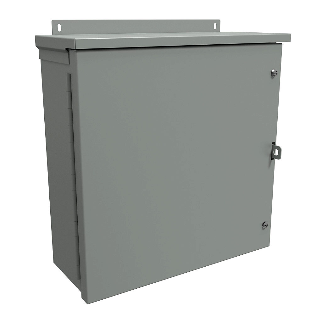 C3R16166HCR - Hammond enclosure, NEMA 3R, 16 x 16 x 6in (HxWxD), wall mount, galvanized steel, ANSI 61 gray, powder coat finish, hinged screw cover, padlock hasp and staple.
