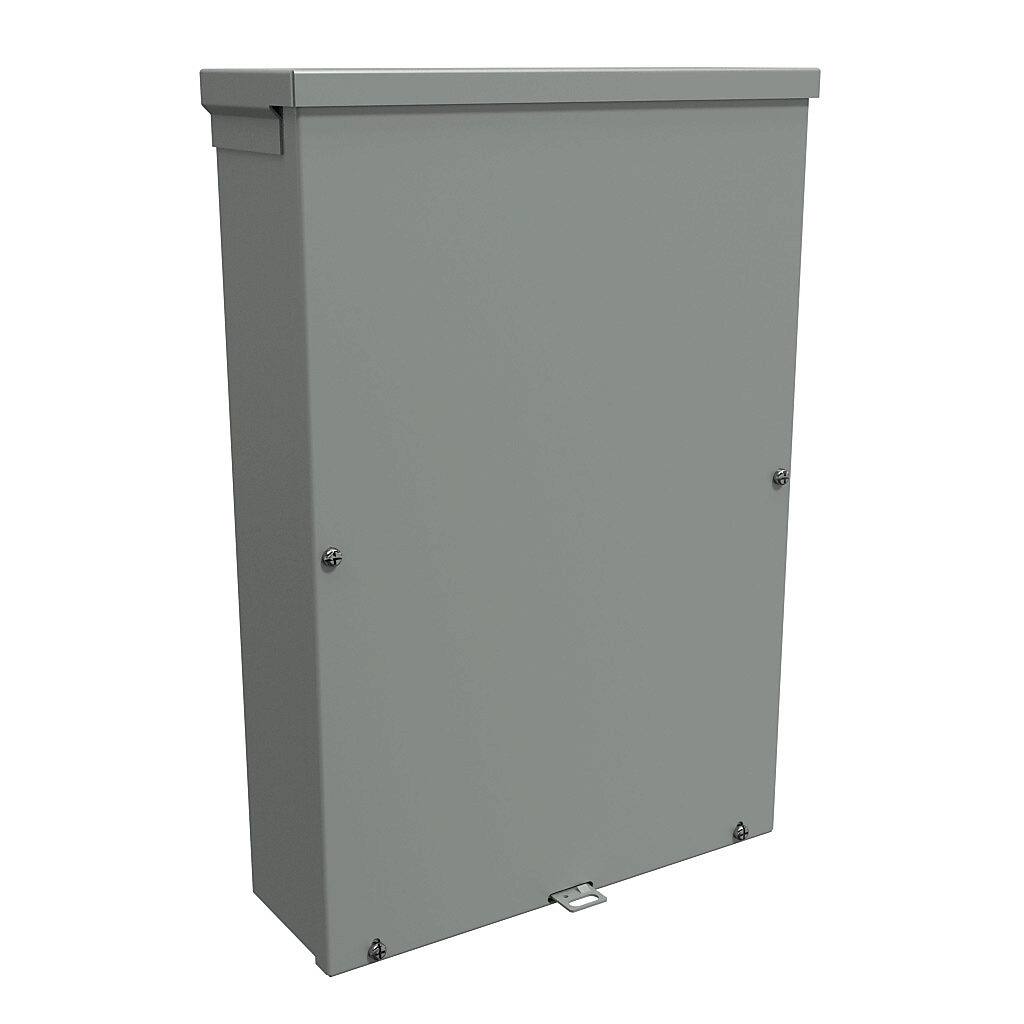 C3R18124SC - Hammond enclosure, NEMA 3R, 18 x 12 x 4in (HxWxD), wall mount, with knockouts, galvanized steel, ANSI 61 gray, powder coat finish, screw cover, padlock hasp and staple.