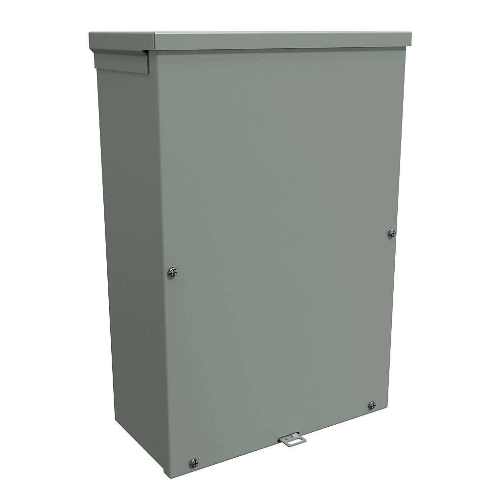 C3R18126SC - Hammond enclosure, NEMA 3R, 18 x 12 x 6in (HxWxD), wall mount, with knockouts, galvanized steel, ANSI 61 gray, powder coat finish, screw cover, padlock hasp and staple.