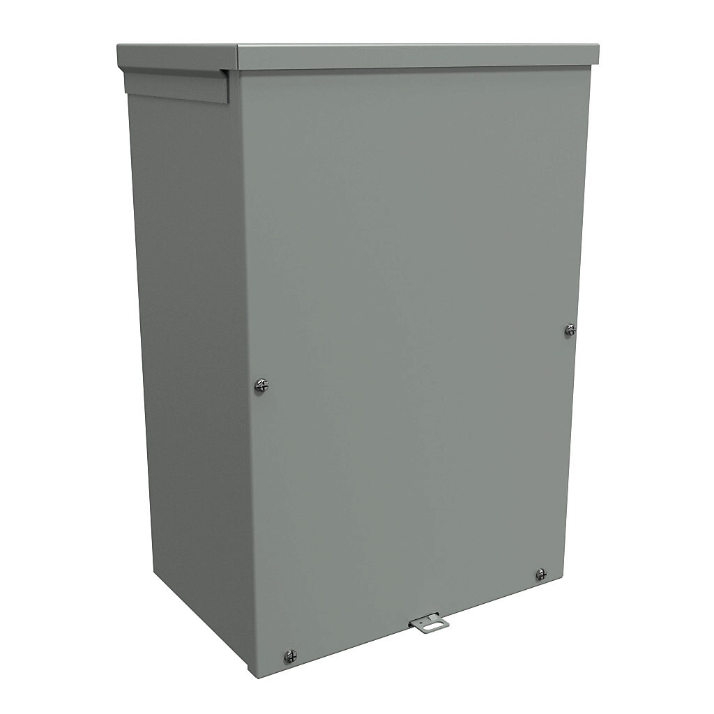 C3R18128SC - Hammond enclosure, NEMA 3R, 18 x 12 x 8in (HxWxD), wall mount, with knockouts, galvanized steel, ANSI 61 gray, powder coat finish, screw cover, padlock hasp and staple.