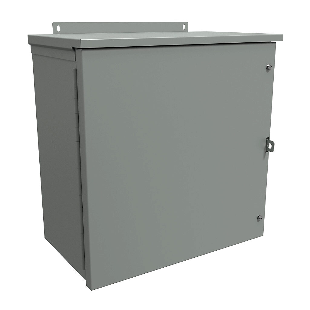 C3R181810HCR - Hammond enclosure, NEMA 3R, 18 x 18 x 10in (HxWxD), wall mount, galvanized steel, ANSI 61 gray, powder coat finish, hinged screw cover, padlock hasp and staple.