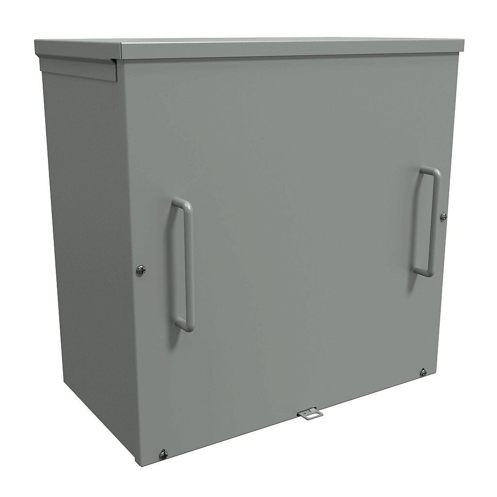 C3R181810SC - Hammond enclosure, NEMA 3R, 18 x 18 x 10in (HxWxD), wall mount, with knockouts, galvanized steel, ANSI 61 gray, powder coat finish, screw cover with handles, padlock hasp and staple.