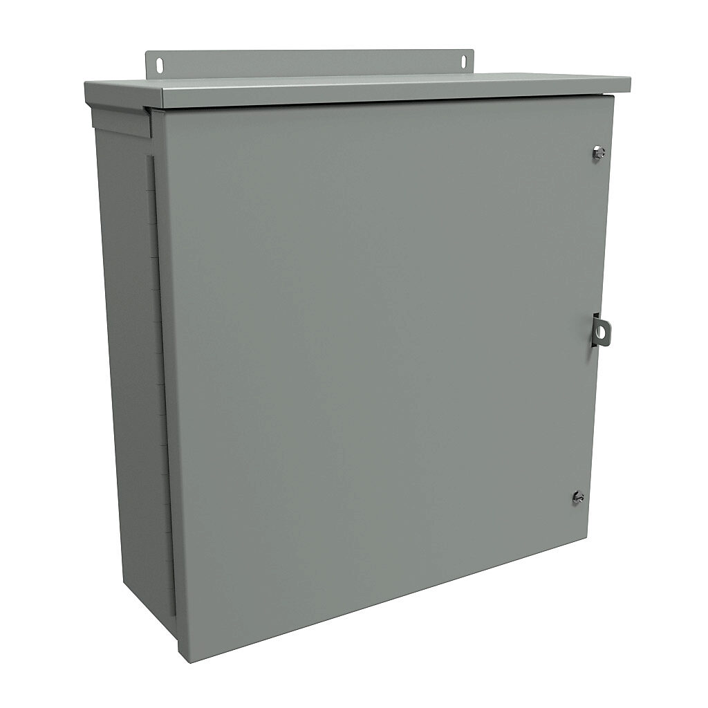 C3R18186HCR - Hammond enclosure, NEMA 3R, 18 x 18 x 6in (HxWxD), wall mount, galvanized steel, ANSI 61 gray, powder coat finish, hinged screw cover, padlock hasp and staple.
