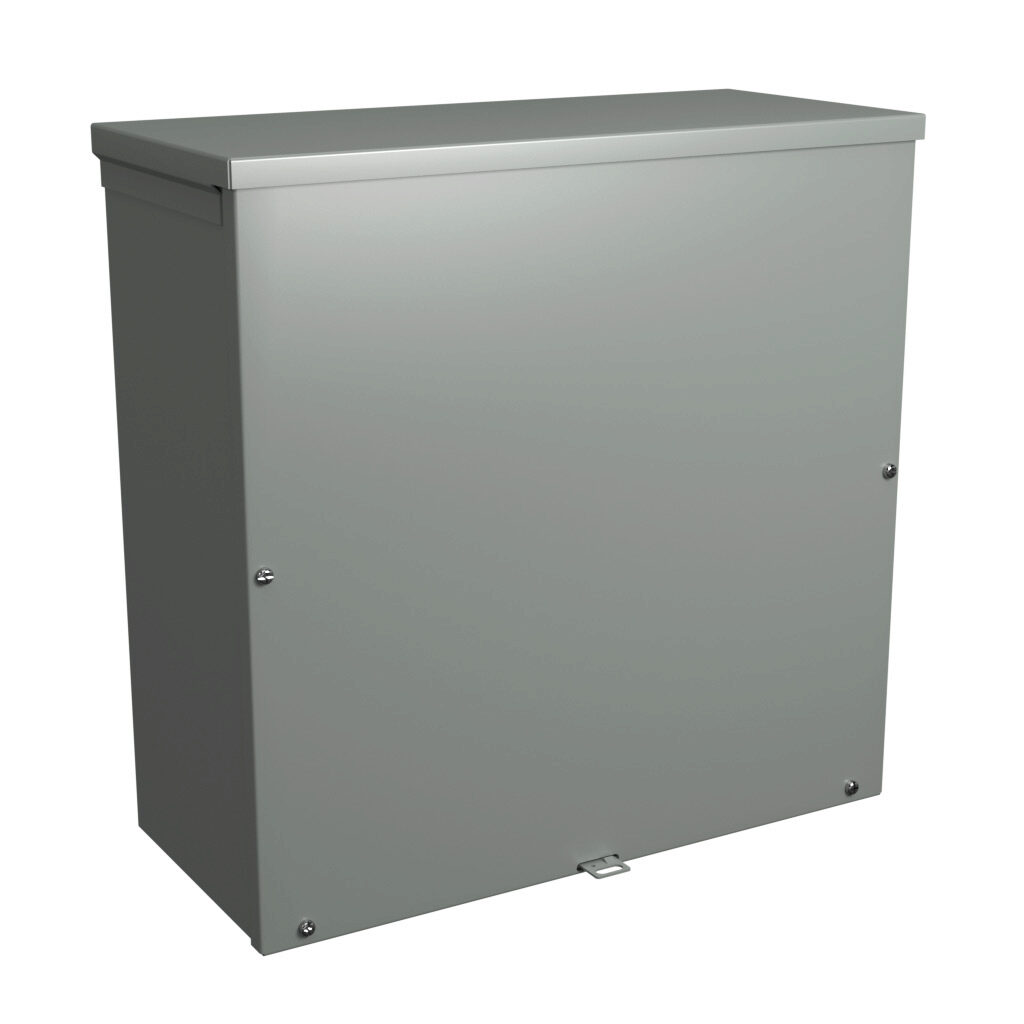 C3R18188SCNKO - Hammond enclosure, NEMA 3R, 18 x 18 x 8in (HxWxD), wall mount, galvanized steel, ANSI 61 gray, powder coat finish, screw cover, padlock hasp and staple.