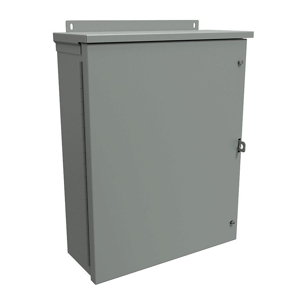 C3R20166HCR - Hammond enclosure, NEMA 3R, 20 x 16 x 6in (HxWxD), wall mount, galvanized steel, ANSI 61 gray, powder coat finish, hinged screw cover, padlock hasp and staple.