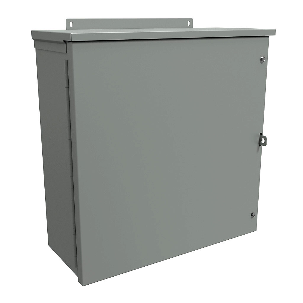C3R20208HCR - Hammond enclosure, NEMA 3R, 20 x 20 x 8in (HxWxD), wall mount, galvanized steel, ANSI 61 gray, powder coat finish, hinged screw cover, padlock hasp and staple.