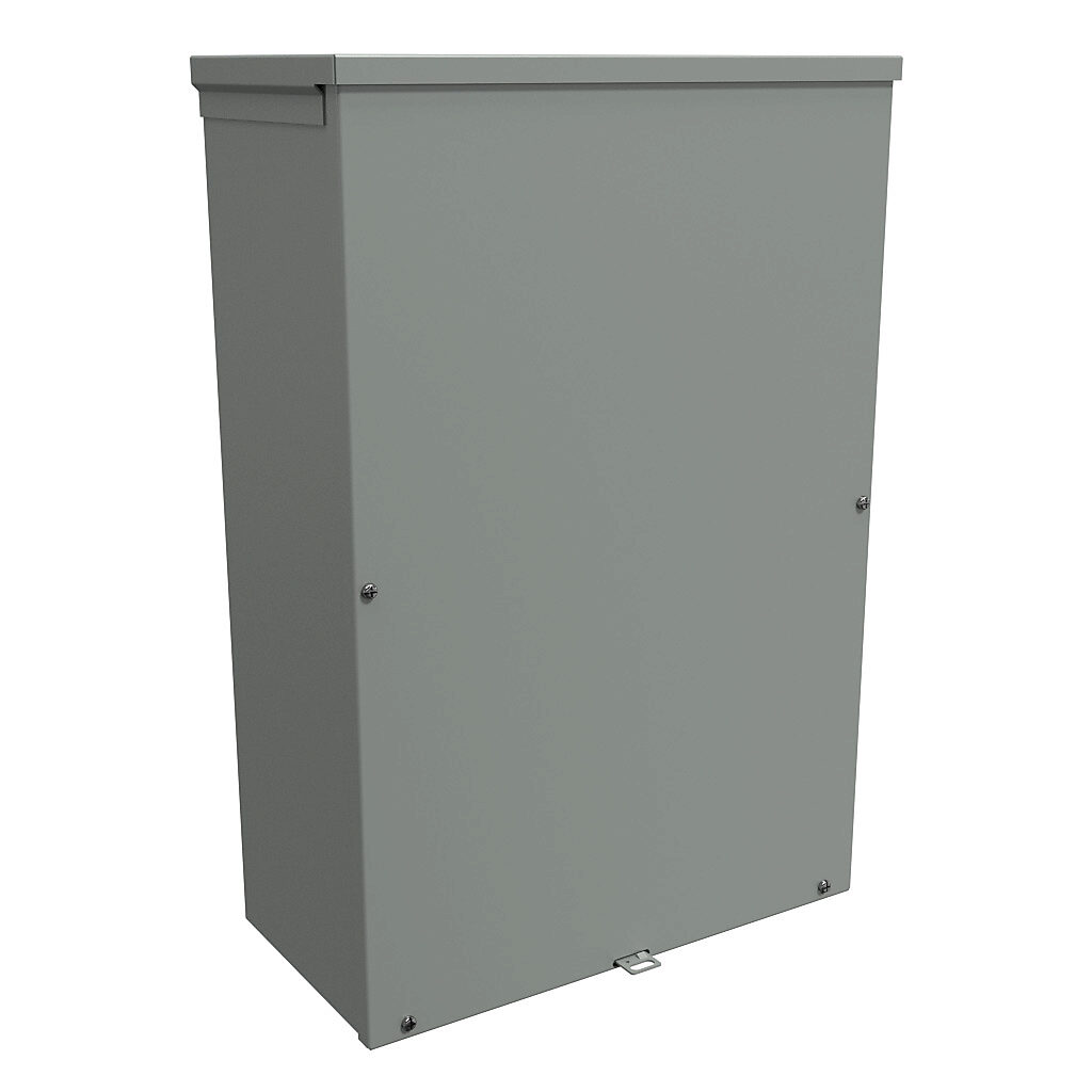 C3R24168SC - Hammond enclosure, NEMA 3R, 24 x 16 x 8in (HxWxD), wall mount, with knockouts, galvanized steel, ANSI 61 gray, powder coat finish, screw cover, padlock hasp and staple.