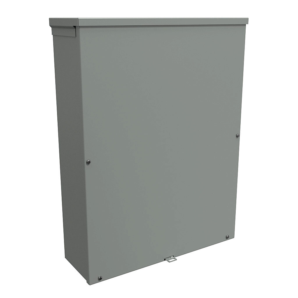 C3R24186SC - Hammond enclosure, NEMA 3R, 24 x 18 x 6in (HxWxD), wall mount, with knockouts, galvanized steel, ANSI 61 gray, powder coat finish, screw cover, padlock hasp and staple.