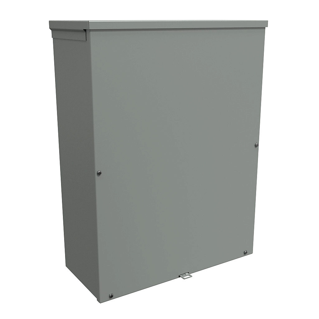 C3R24188SC - Hammond enclosure, NEMA 3R, 24 x 18 x 8in (HxWxD), wall mount, with knockouts, galvanized steel, ANSI 61 gray, powder coat finish, screw cover, padlock hasp and staple.