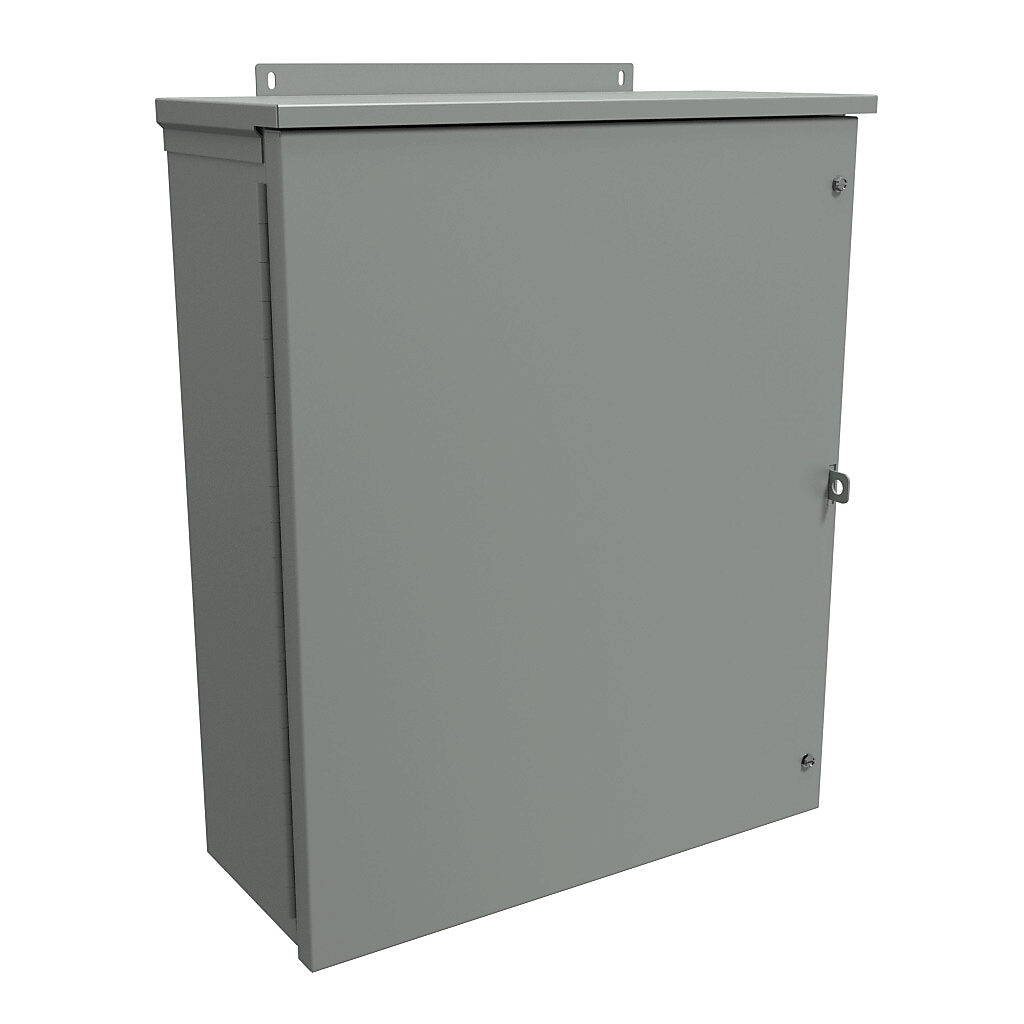 C3R24208HCR - Hammond enclosure, NEMA 3R, 24 x 20 x 8in (HxWxD), wall mount, galvanized steel, ANSI 61 gray, powder coat finish, hinged screw cover, padlock hasp and staple.