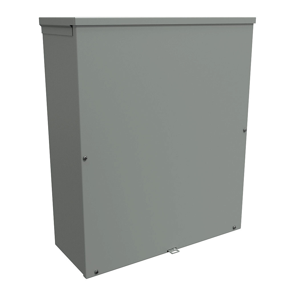 C3R24208SC - Hammond enclosure, NEMA 3R, 24 x 20 x 8in (HxWxD), wall mount, with knockouts, galvanized steel, ANSI 61 gray, powder coat finish, screw cover, padlock hasp and staple.
