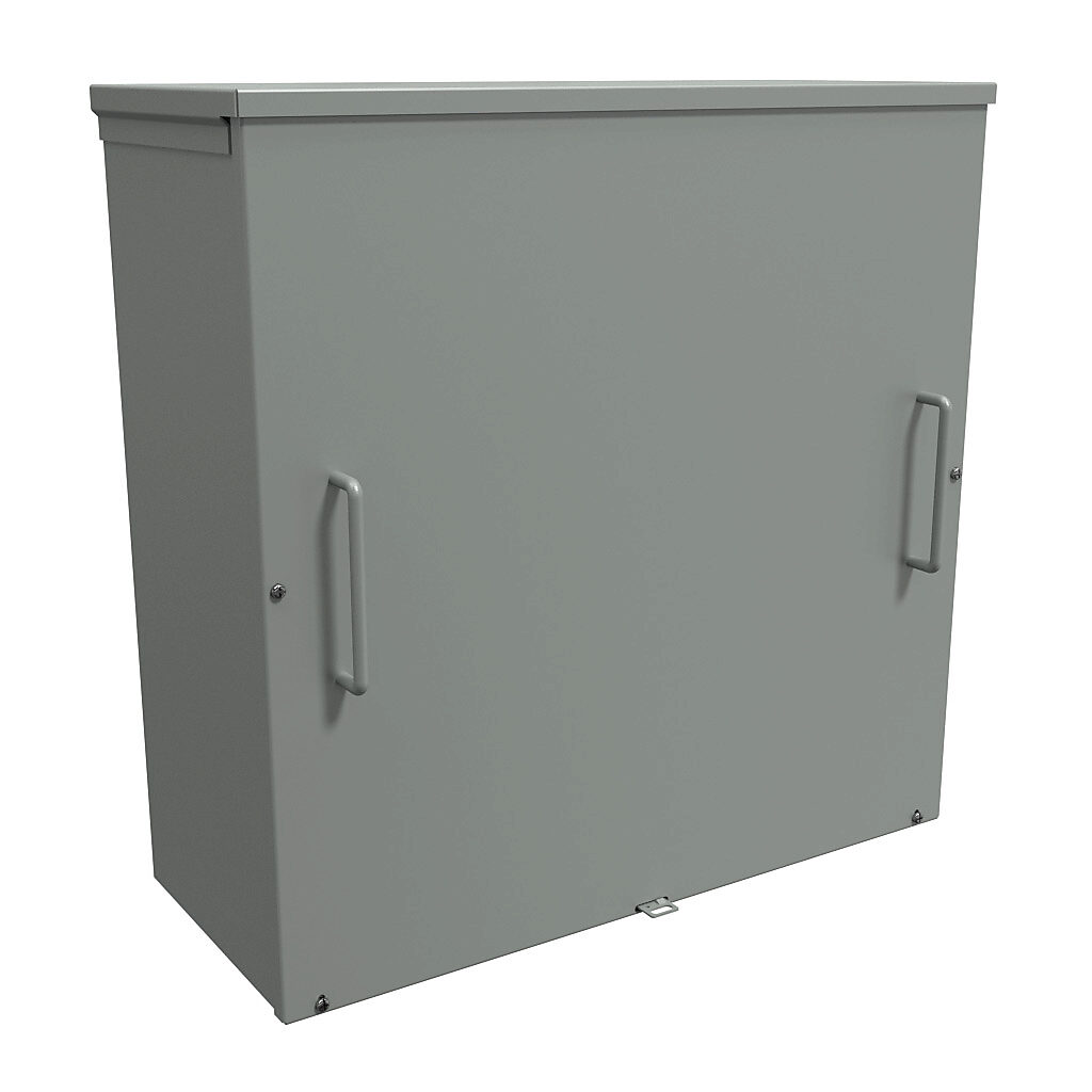 C3R242410SC - Hammond enclosure, NEMA 3R, 24 x 24 x 10in (HxWxD), wall mount, with knockouts, galvanized steel, ANSI 61 gray, powder coat finish, screw cover with handles, padlock hasp and staple.