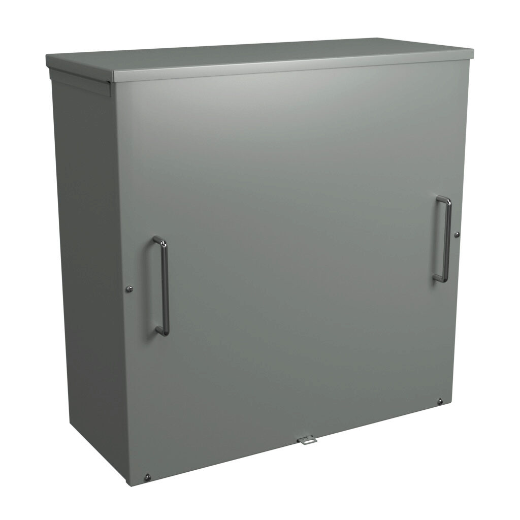 C3R242410SCNKO - Hammond enclosure, NEMA 3R, 24 x 24 x 10in (HxWxD), wall mount, galvanized steel, ANSI 61 gray, powder coat finish, screw cover, padlock hasp and staple.