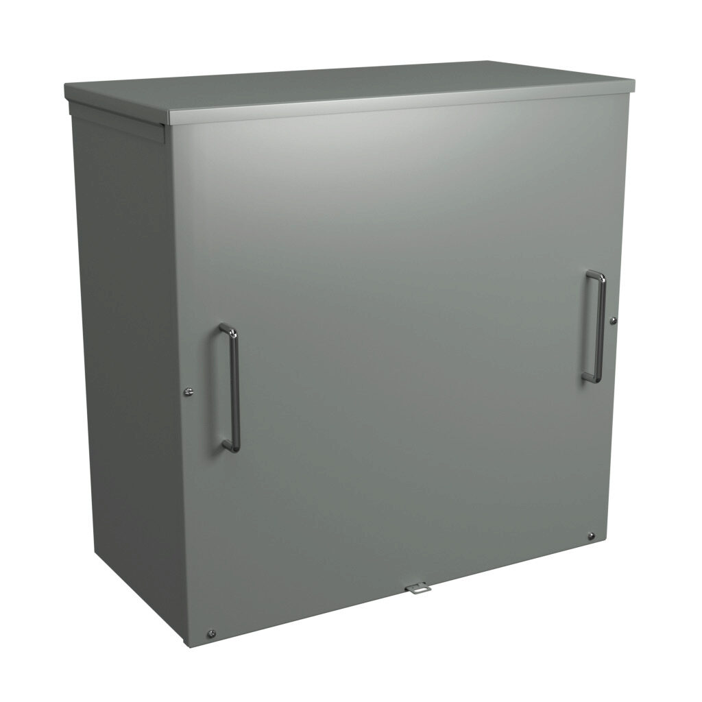 C3R242412SCNKO - Hammond enclosure, NEMA 3R, 24 x 24 x 12in (HxWxD), wall mount, galvanized steel, ANSI 61 gray, powder coat finish, screw cover, padlock hasp and staple.
