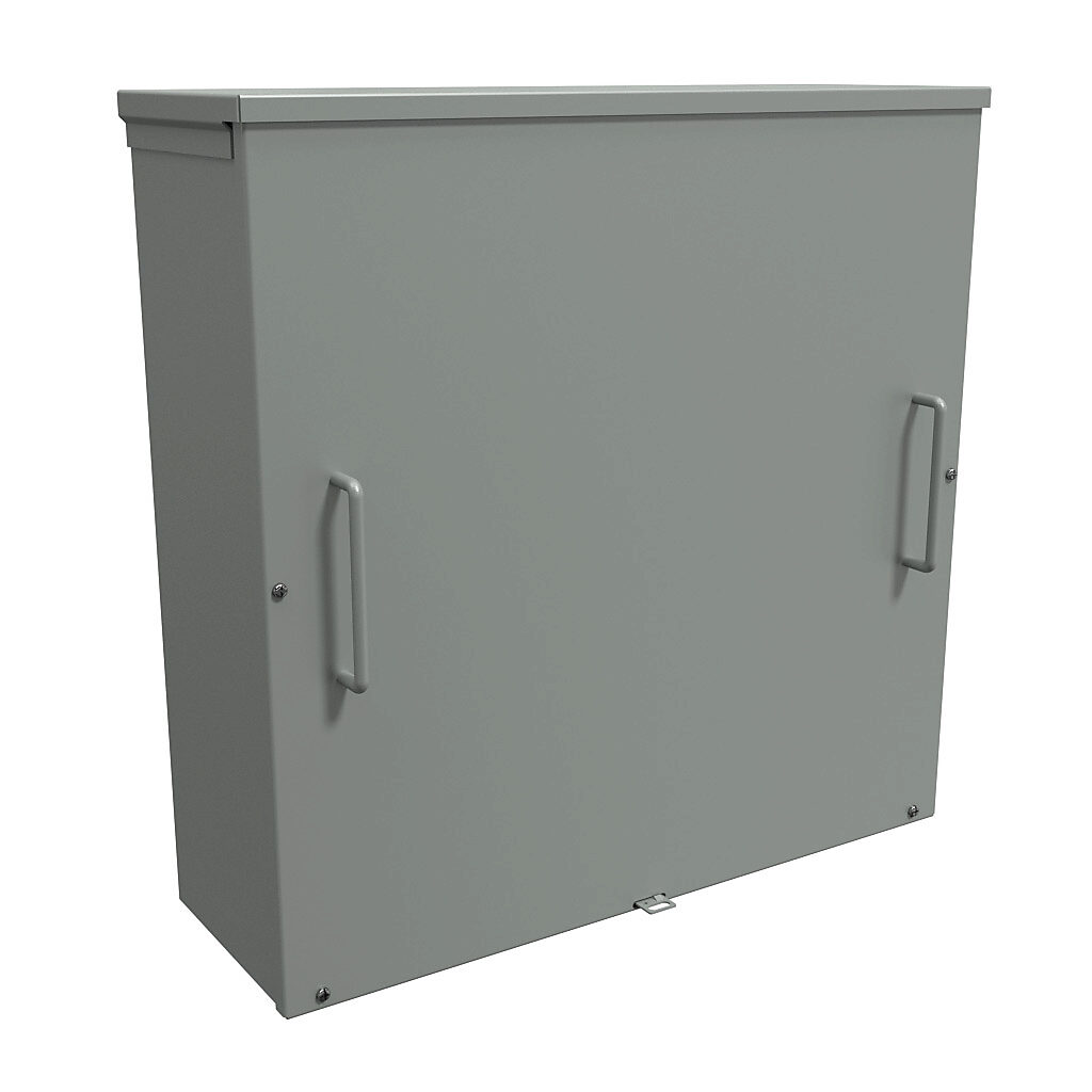 C3R24248SC - Hammond enclosure, NEMA 3R, 24 x 24 x 8in (HxWxD), wall mount, with knockouts, galvanized steel, ANSI 61 gray, powder coat finish, screw cover with handles, padlock hasp and staple.