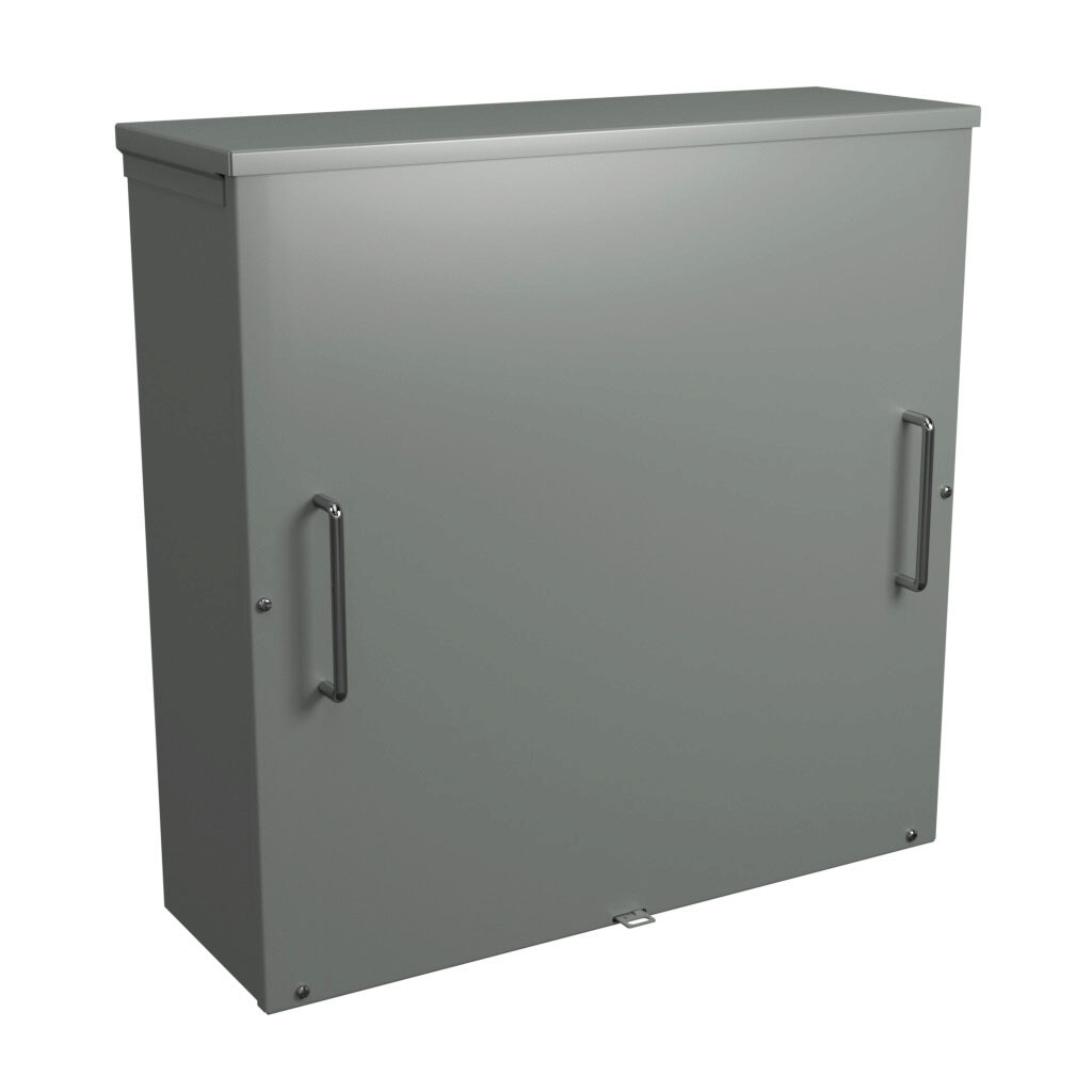 C3R24248SCNKO - Hammond enclosure, NEMA 3R, 24 x 24 x 8in (HxWxD), wall mount, galvanized steel, ANSI 61 gray, powder coat finish, screw cover, padlock hasp and staple.