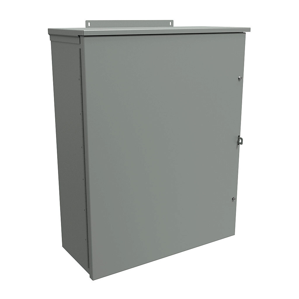 C3R302410HCR - Hammond enclosure, NEMA 3R, 30 x 24 x 10in (HxWxD), wall mount, galvanized steel, ANSI 61 gray, powder coat finish, hinged screw cover, padlock hasp and staple.