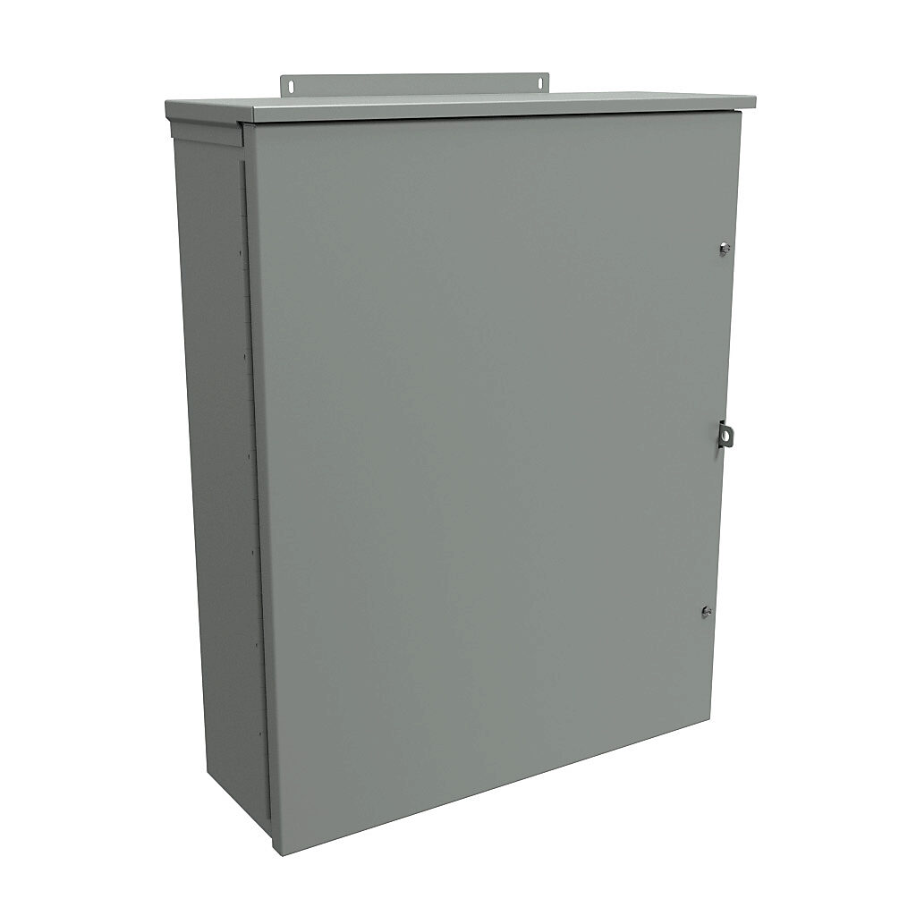 C3R30248HCR - Hammond enclosure, NEMA 3R, 30 x 24 x 8in (HxWxD), wall mount, galvanized steel, ANSI 61 gray, powder coat finish, hinged screw cover, padlock hasp and staple.
