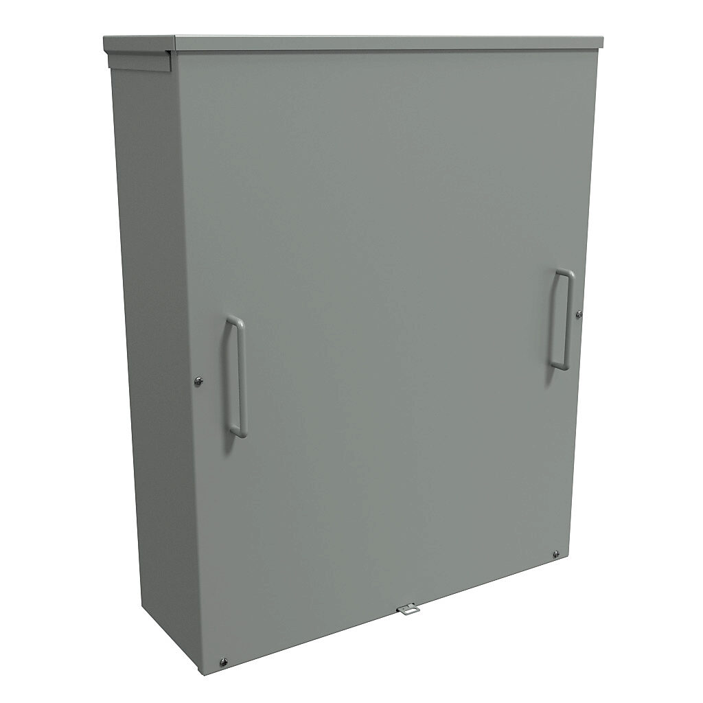 C3R30248SC - Hammond enclosure, NEMA 3R, 30 x 24 x 8in (HxWxD), wall mount, with knockouts, galvanized steel, ANSI 61 gray, powder coat finish, screw cover with handles, padlock hasp and staple.