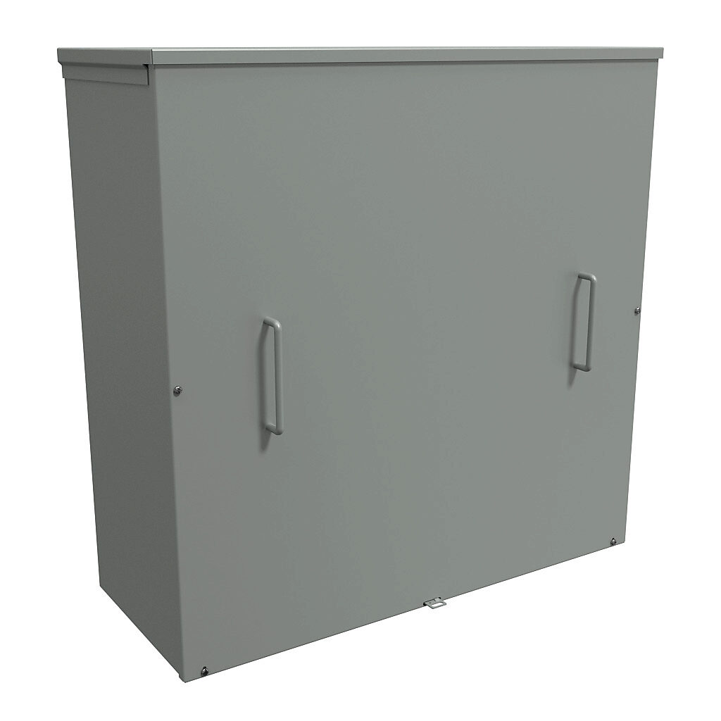 C3R303012SC - Hammond enclosure, NEMA 3R, 30 x 30 x 12in (HxWxD), wall mount, with knockouts, galvanized steel, ANSI 61 gray, powder coat finish, screw cover with handles, padlock hasp and staple.