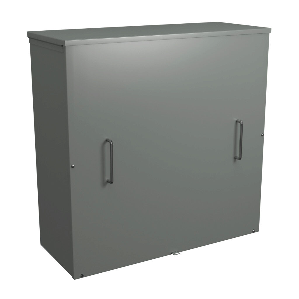 C3R303012SCNKO - Hammond enclosure, NEMA 3R, 30 x 30 x 12in (HxWxD), wall mount, galvanized steel, ANSI 61 gray, powder coat finish, screw cover, padlock hasp and staple.