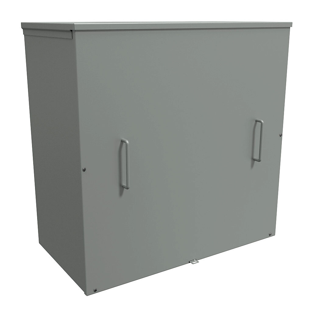 C3R303016SC - Hammond enclosure, NEMA 3R, 30 x 30 x 16in (HxWxD), wall mount, with knockouts, galvanized steel, ANSI 61 gray, powder coat finish, screw cover with handles, padlock hasp and staple.