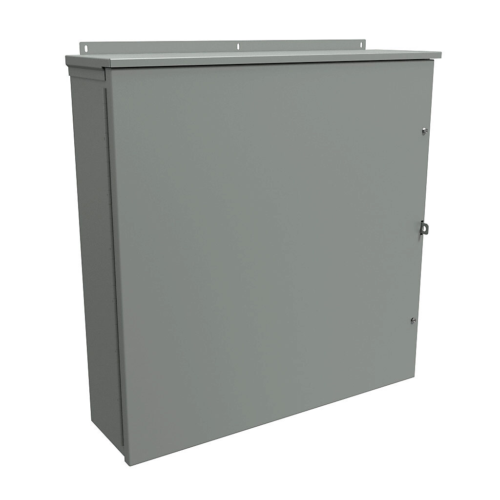C3R30308HCR - Hammond enclosure, NEMA 3R, 30 x 30 x 8in (HxWxD), wall mount, galvanized steel, ANSI 61 gray, powder coat finish, hinged screw cover, padlock hasp and staple.