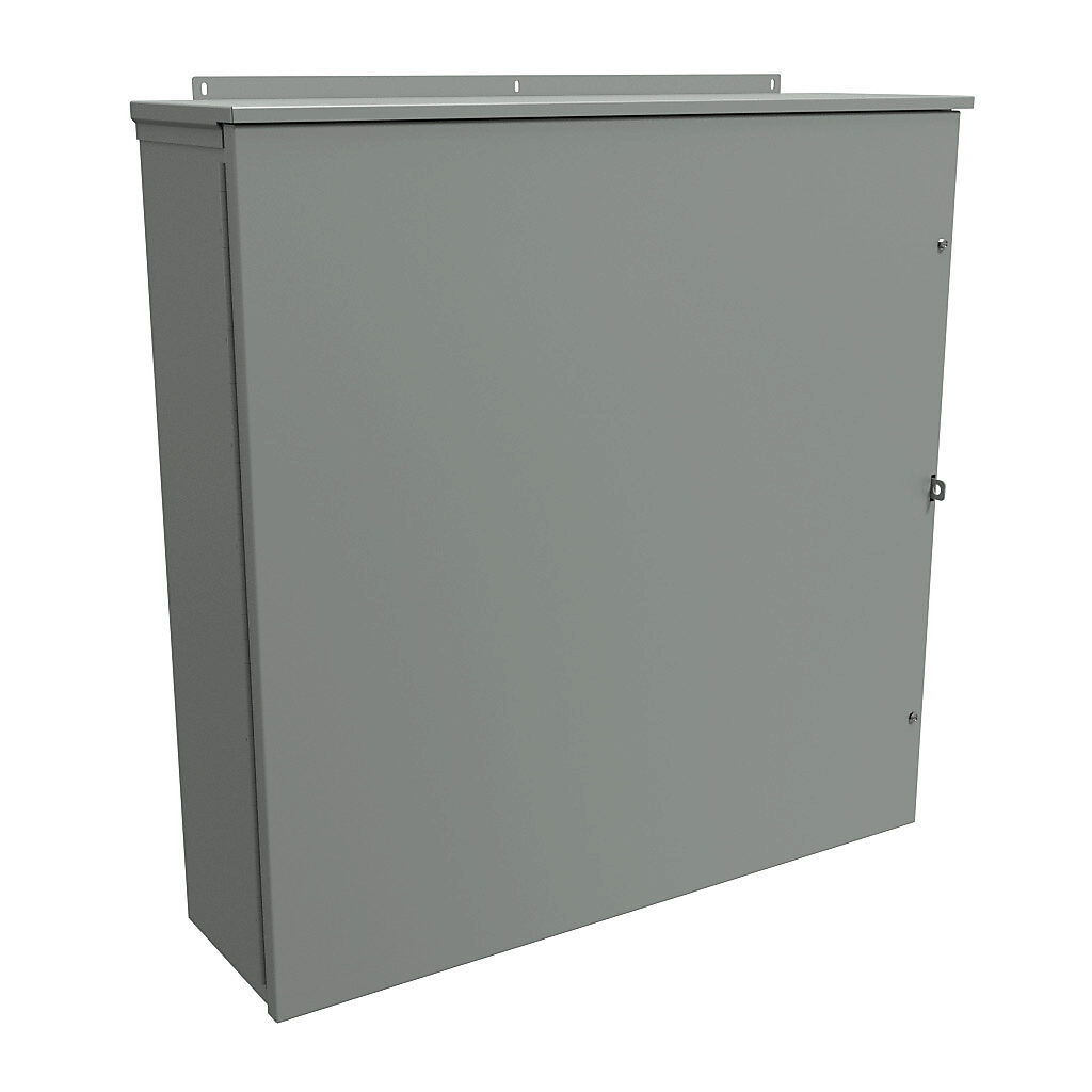 C3R363610HCR - Hammond enclosure, NEMA 3R, 36 x 36 x 10in (HxWxD), wall mount, galvanized steel, ANSI 61 gray, powder coat finish, hinged screw cover, padlock hasp and staple.