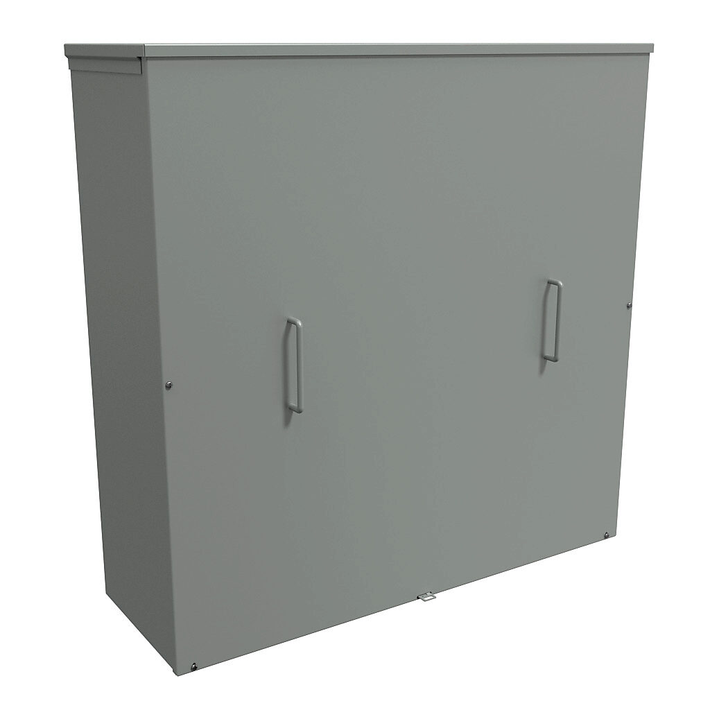 C3R363612SC - Hammond enclosure, NEMA 3R, 36 x 36 x 12in (HxWxD), wall mount, with knockouts, galvanized steel, ANSI 61 gray, powder coat finish, screw cover with handles, padlock hasp and staple.