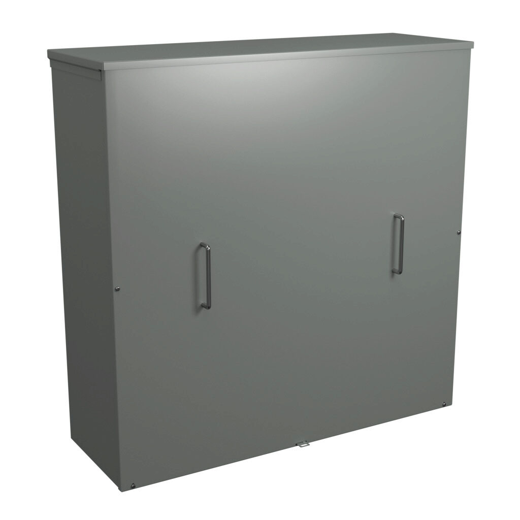 C3R363612SCNKO - Hammond enclosure, NEMA 3R, 36 x 36 x 12in (HxWxD), wall mount, galvanized steel, ANSI 61 gray, powder coat finish, screw cover, padlock hasp and staple.