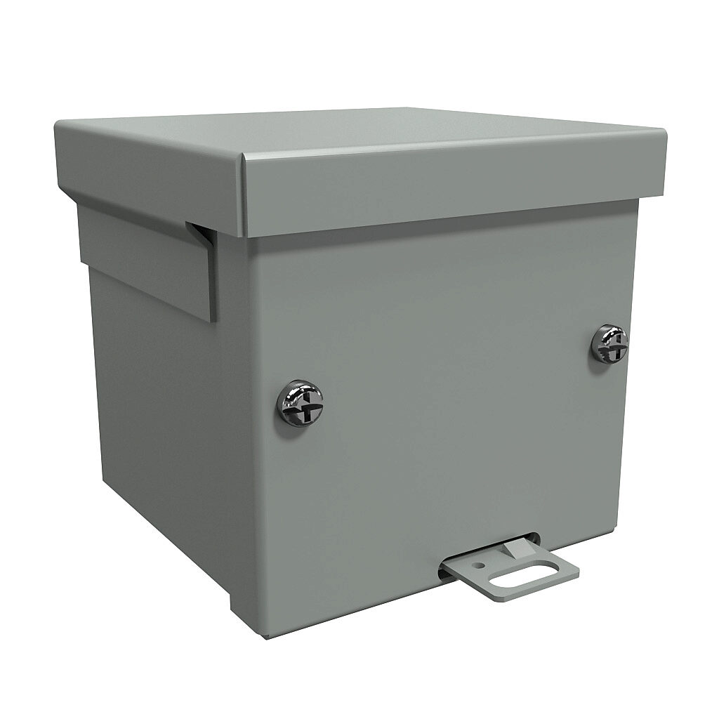 C3R444SC - Hammond enclosure, NEMA 3R, 4 x 4 x 4in (HxWxD), wall mount, with knockouts, galvanized steel, ANSI 61 gray, powder coat finish, screw cover, padlock hasp and staple.