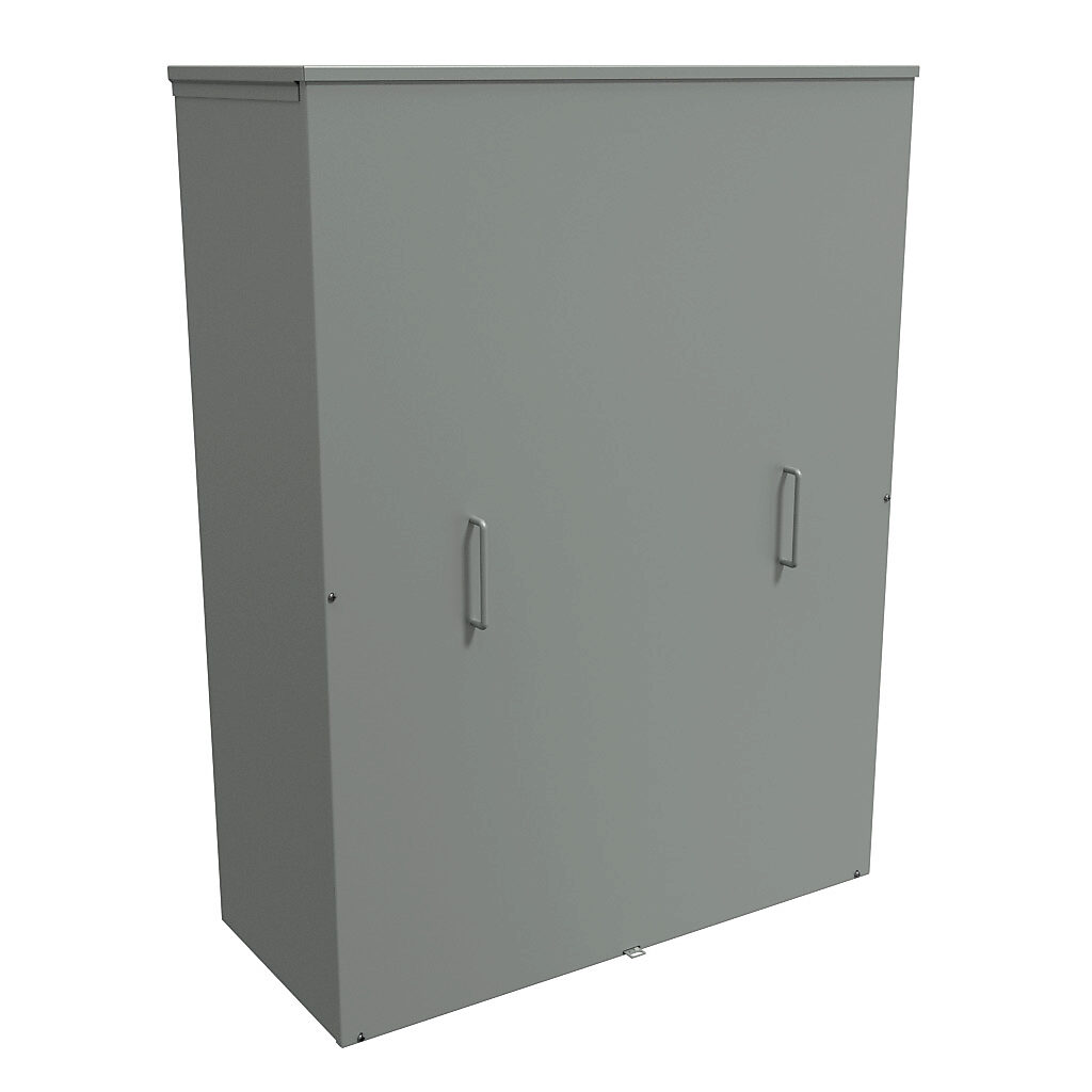 C3R483616SC - Hammond enclosure, NEMA 3R, 48 x 36 x 16in (HxWxD), wall mount, with knockouts, galvanized steel, ANSI 61 gray, powder coat finish, screw cover with handles, padlock hasp and staple.