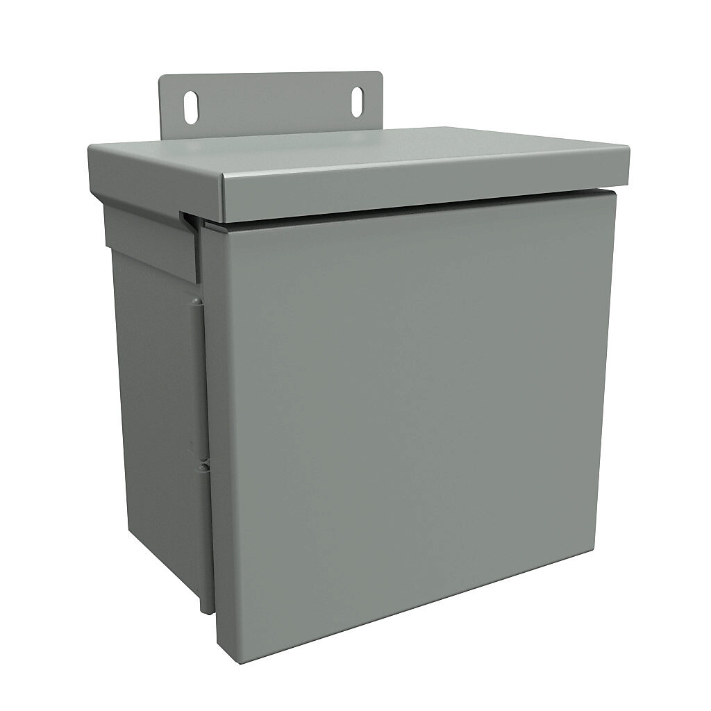 C3R664HCR - Hammond enclosure, NEMA 3R, 6 x 6 x 4in (HxWxD), wall mount, with knockouts, galvanized steel, ANSI 61 gray, powder coat finish, single-door, quick-release latch, padlock hasp and staple.