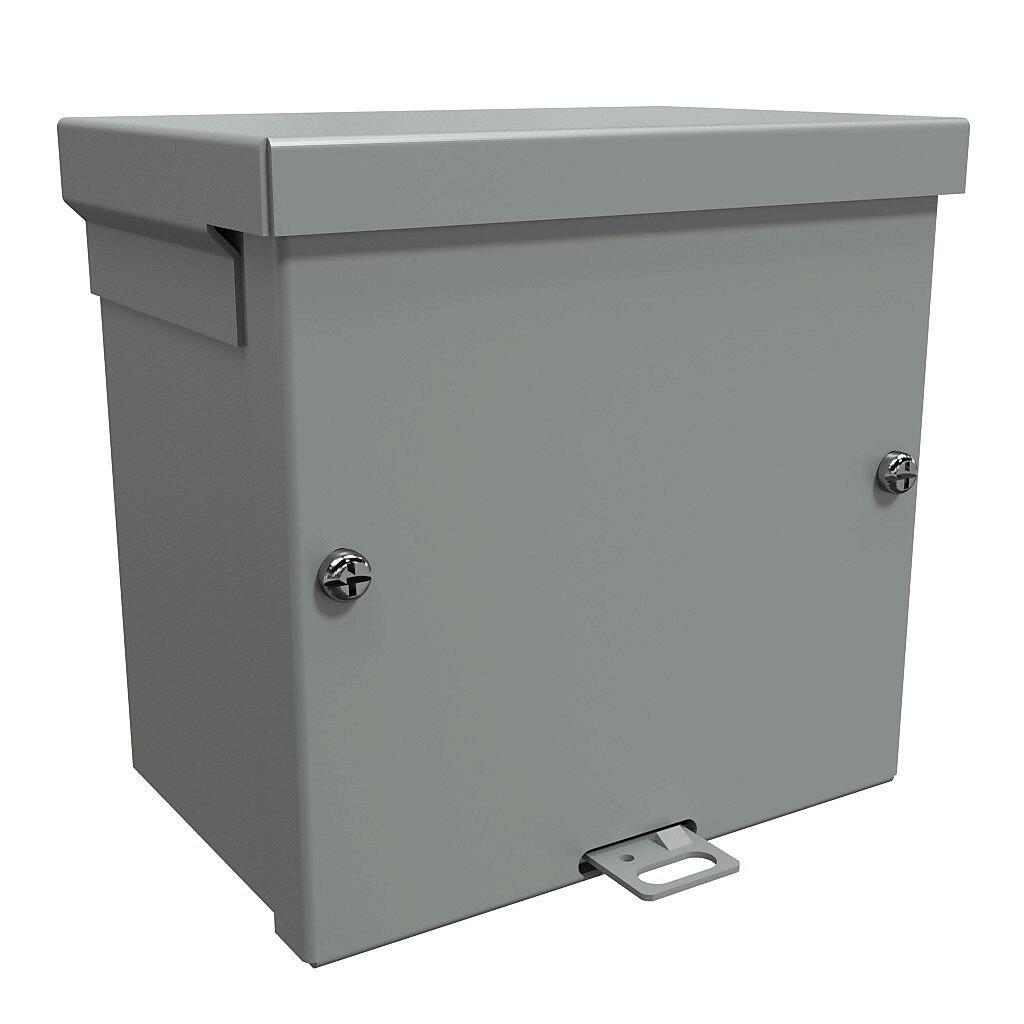 C3R664SC - Hammond enclosure, NEMA 3R, 6 x 6 x 4in (HxWxD), wall mount, with knockouts, galvanized steel, ANSI 61 gray, powder coat finish, screw cover, padlock hasp and staple.