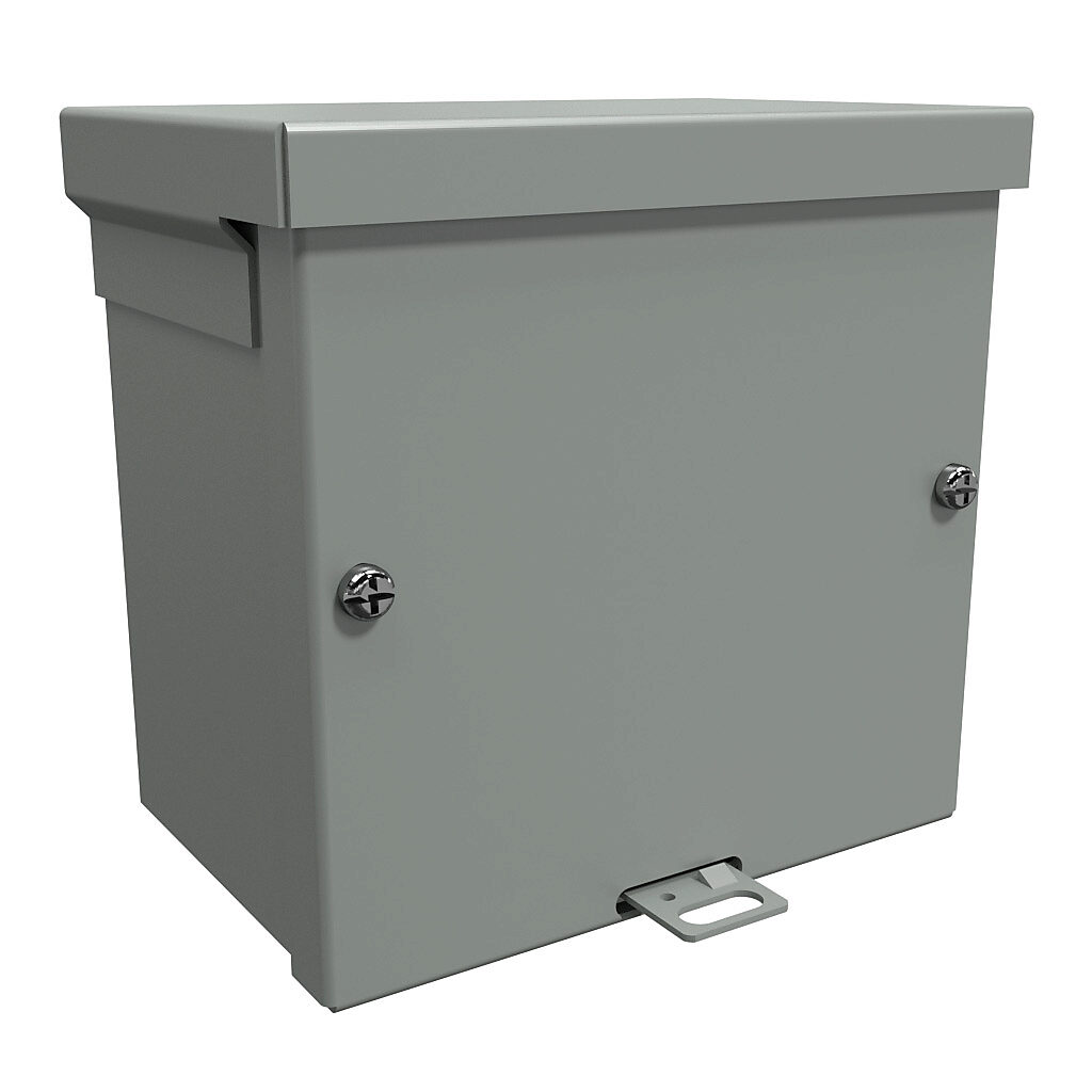 C3R664SCNKO - Hammond enclosure, NEMA 3R, 6 x 6 x 4in (HxWxD), wall mount, galvanized steel, ANSI 61 gray, powder coat finish, screw cover, padlock hasp and staple.
