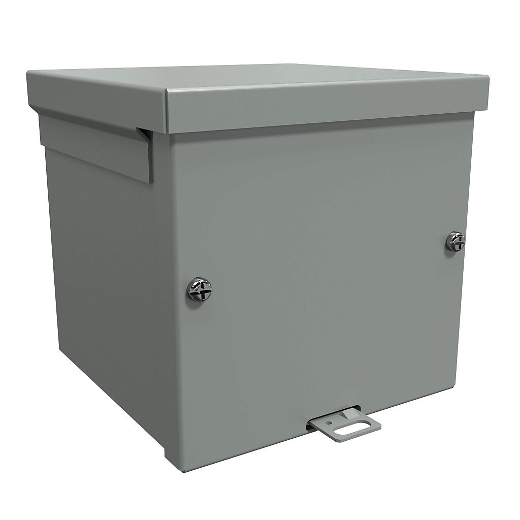 C3R666SC - Hammond enclosure, NEMA 3R, 6 x 6 x 6in (HxWxD), wall mount, with knockouts, galvanized steel, ANSI 61 gray, powder coat finish, screw cover, padlock hasp and staple.