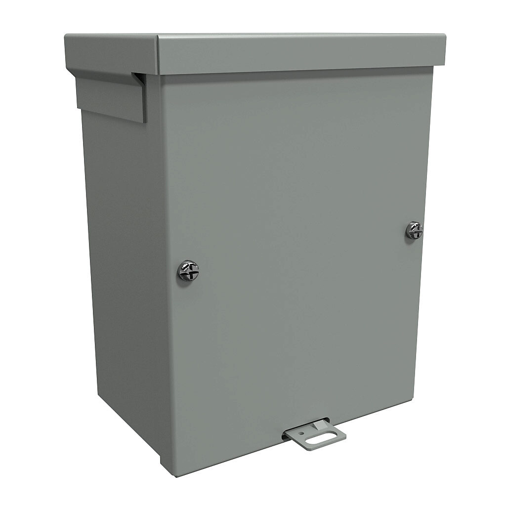 C3R864SC - Hammond enclosure, NEMA 3R, 8 x 6 x 4in (HxWxD), wall mount, with knockouts, galvanized steel, ANSI 61 gray, powder coat finish, screw cover, padlock hasp and staple.