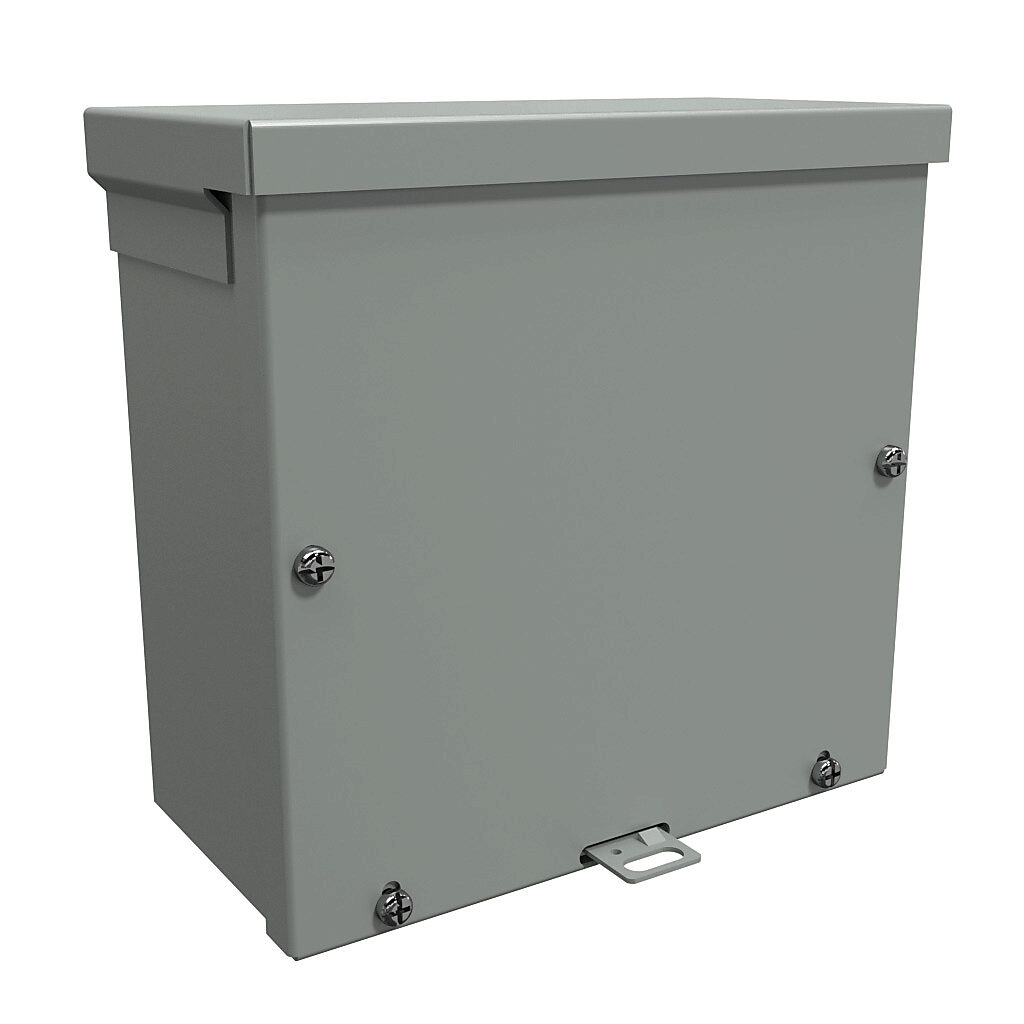 C3R884SC - Hammond enclosure, NEMA 3R, 8 x 8 x 4in (HxWxD), wall mount, with knockouts, galvanized steel, ANSI 61 gray, powder coat finish, screw cover, padlock hasp and staple.