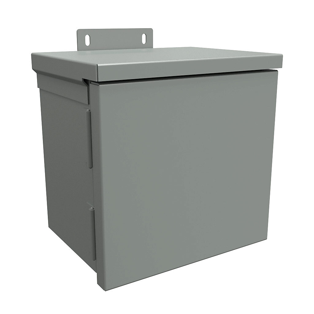 C3R886HCR - Hammond enclosure, NEMA 3R, 8 x 8 x 6in (HxWxD), wall mount, with knockouts, galvanized steel, ANSI 61 gray, powder coat finish, single-door, quick-release latch, padlock hasp and staple.