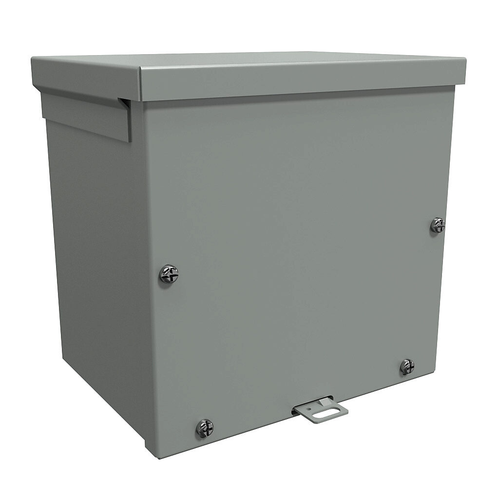C3R886SC - Hammond enclosure, NEMA 3R, 8 x 8 x 6in (HxWxD), wall mount, with knockouts, galvanized steel, ANSI 61 gray, powder coat finish, screw cover, padlock hasp and staple.