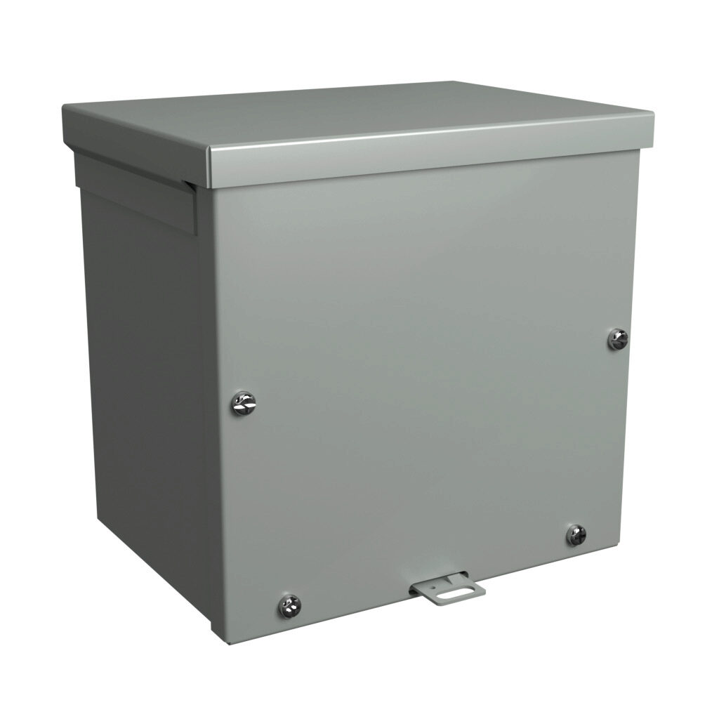 C3R886SCNKO - Hammond enclosure, NEMA 3R, 8 x 8 x 6in (HxWxD), wall mount, galvanized steel, ANSI 61 gray, powder coat finish, screw cover, padlock hasp and staple.