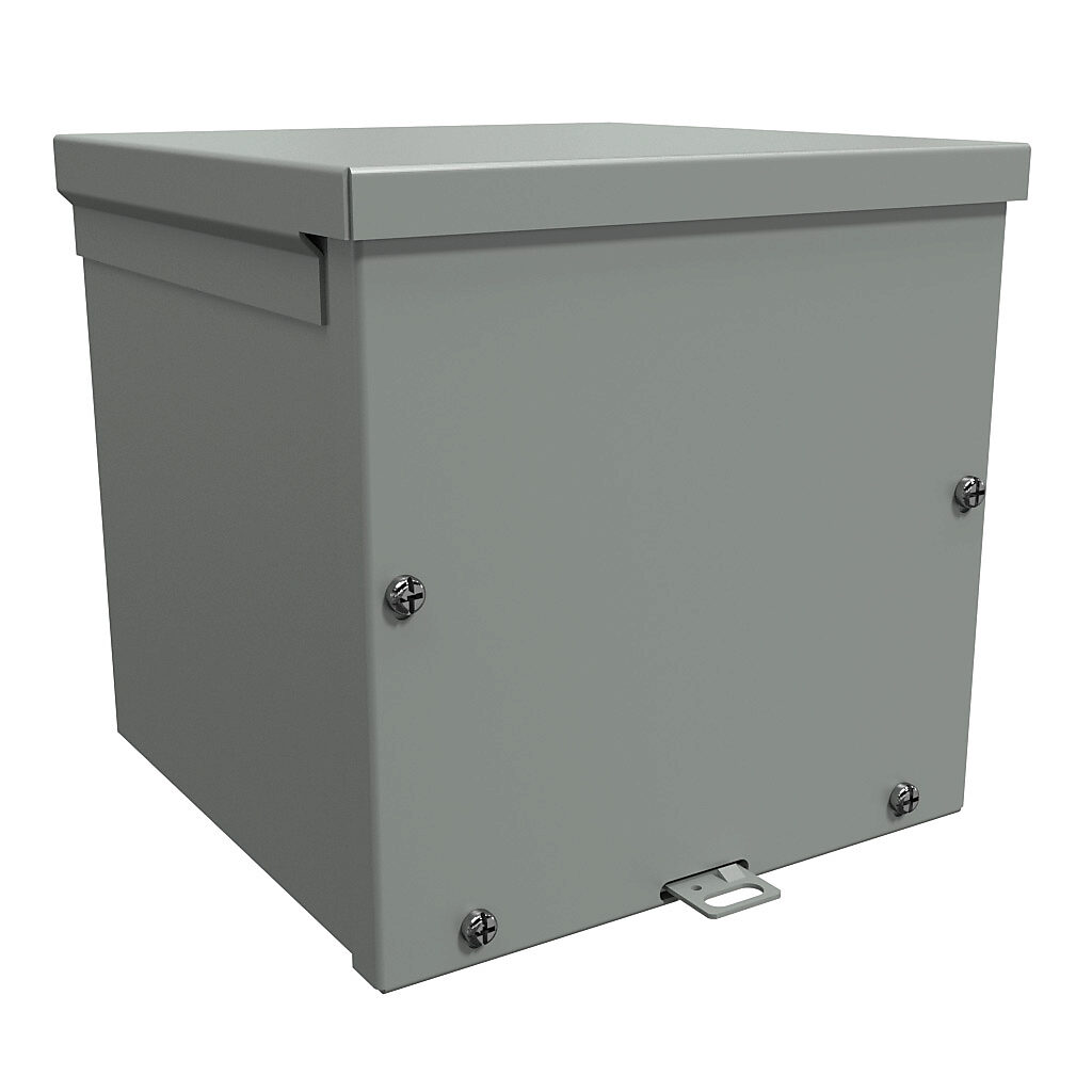 C3R888SC - Hammond enclosure, NEMA 3R, 8 x 8 x 8in (HxWxD), wall mount, with knockouts, galvanized steel, ANSI 61 gray, powder coat finish, screw cover, padlock hasp and staple.