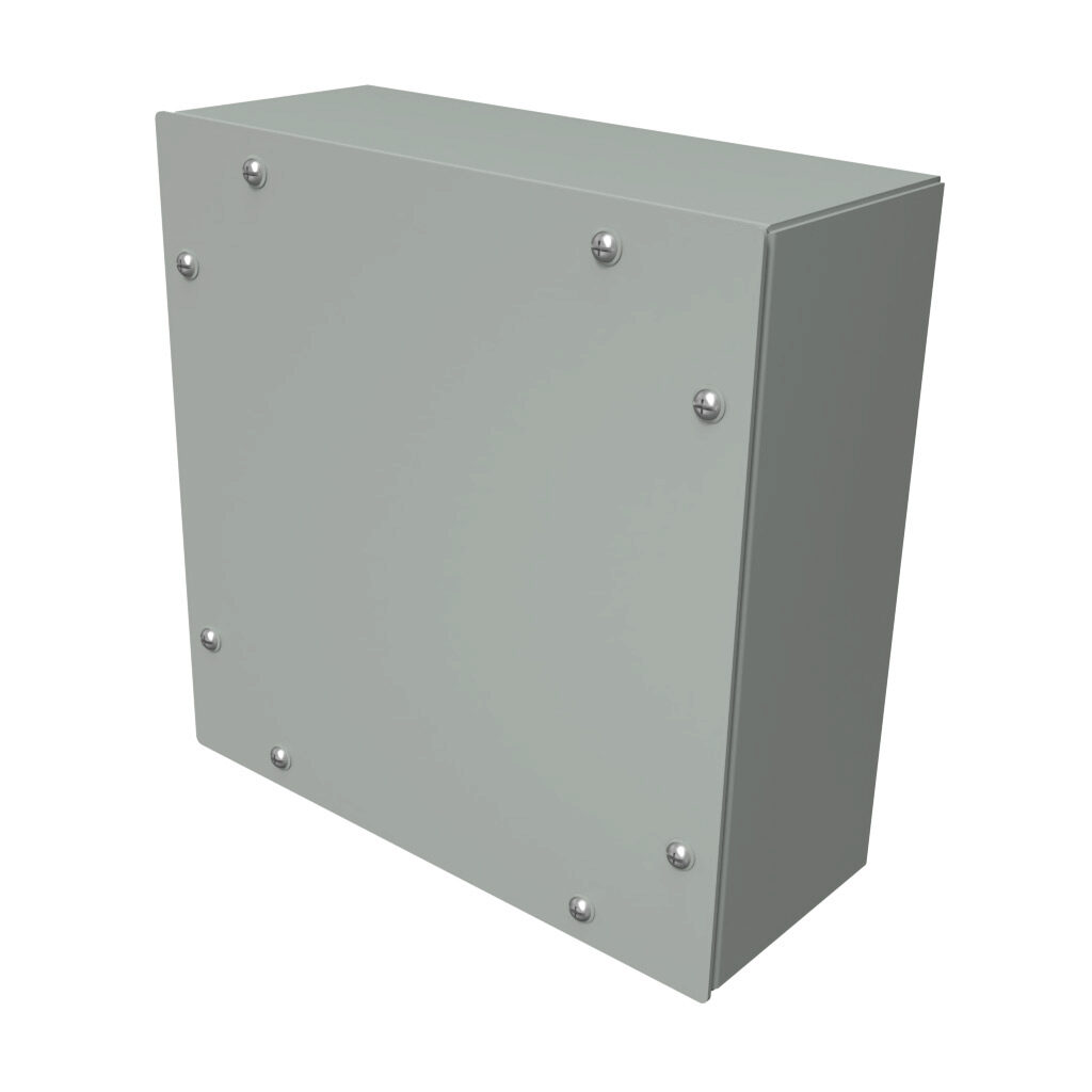 C3SC10104GY - Hammond enclosure, NEMA 3/4/12, 10 x 10 x 4in (HxWxD), wall mount, carbon steel, ANSI 61 gray, powder coat finish, screw cover.