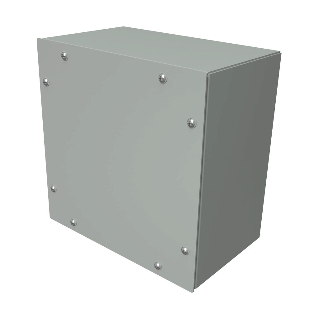 C3SC10106GY - Hammond enclosure, NEMA 3/4/12, 10 x 10 x 6in (HxWxD), wall mount, carbon steel, ANSI 61 gray, powder coat finish, screw cover.