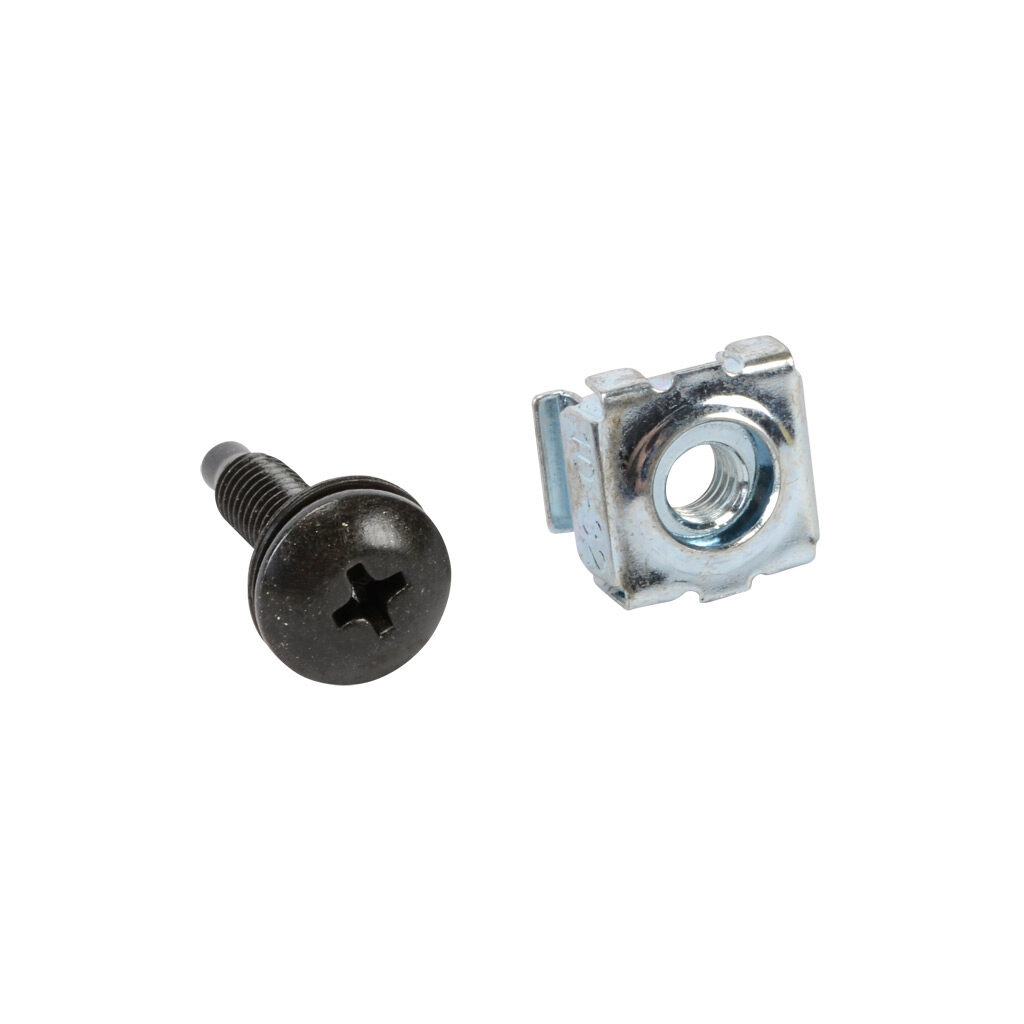 CAGKIT1032-100 - Hammond rack mounting screw, #10-32 UNF, #2 Robertson/#2 Phillips quadrex truss head, carbon steel, black oxide finish. Package of 100. Black nylon washer and zinc-plated square-hole cage nut included.