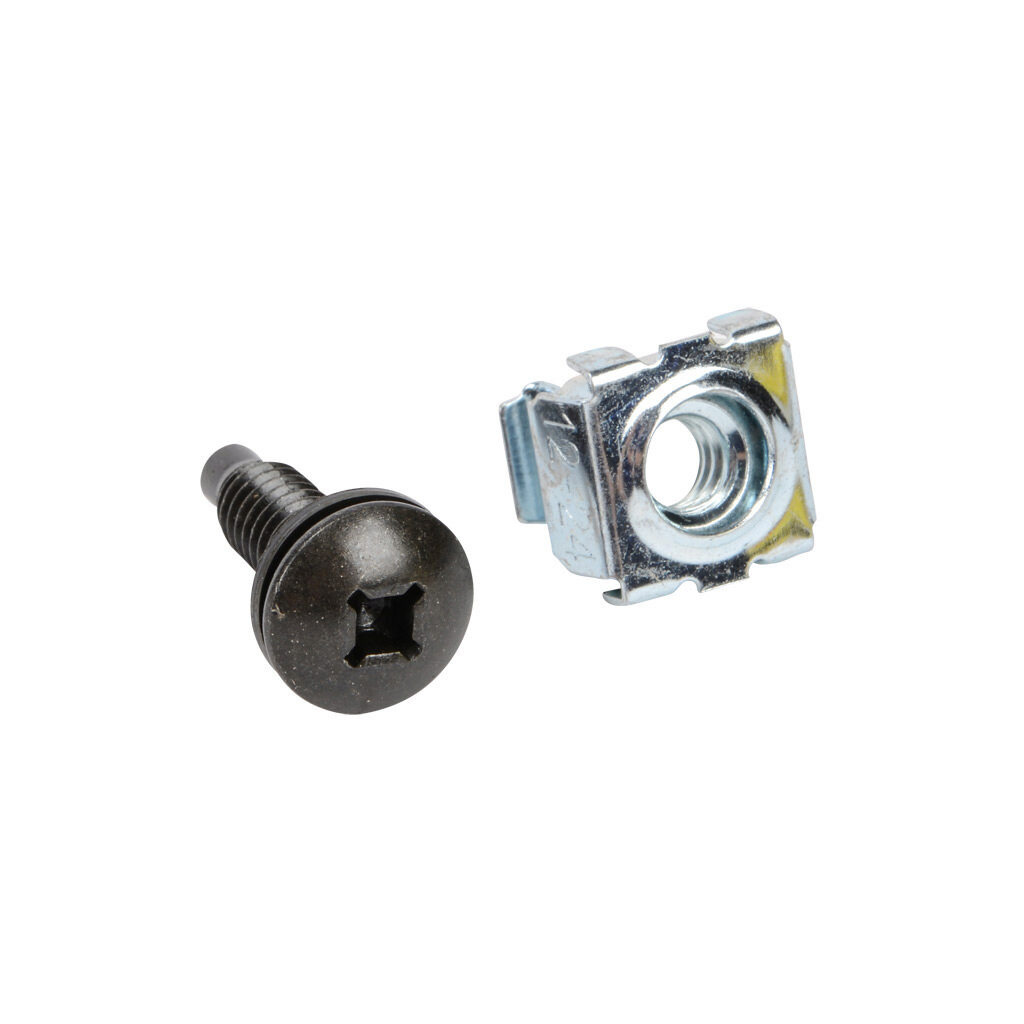 CAGKIT1224-100 - Hammond rack mounting screw, #12-24 UNF, #2 Robertson/#2 Phillips quadrex truss head, carbon steel, black oxide finish. Package of 100. Black nylon washer and zinc-plated square-hole cage nut included.
