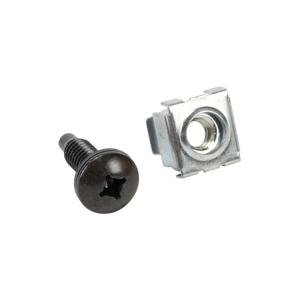 CAGKIT1224-50 - Hammond rack mounting screw, #12-24 UNF, #2 Robertson/#2 Phillips quadrex truss head, carbon steel, black oxide finish. Package of 50. Black nylon washer and zinc-plated square-hole cage nut included.